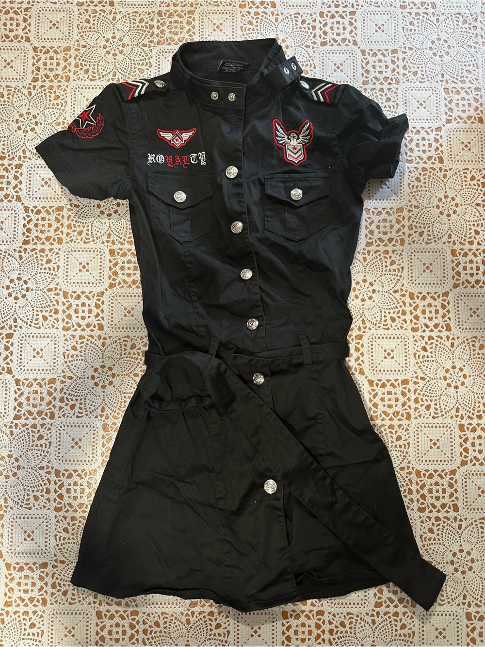 Raw Blue XS Black Military Embroidered Shirt Dress Belted